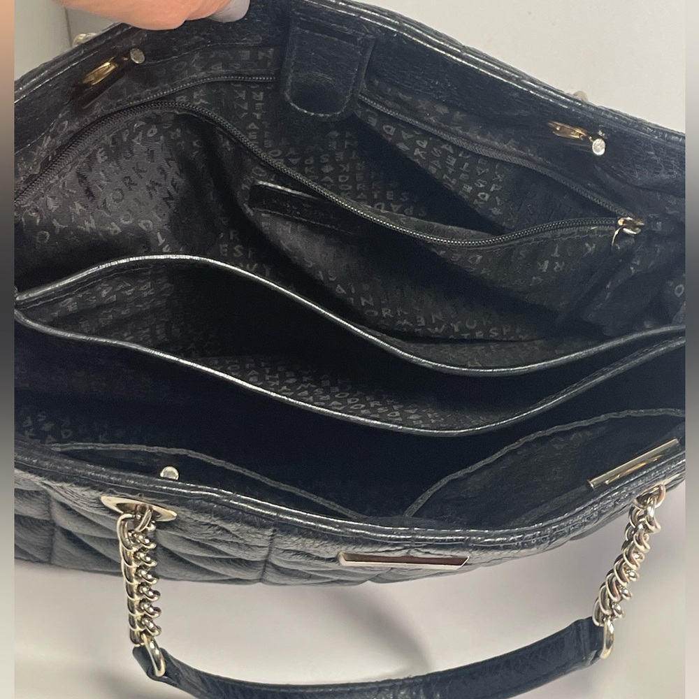 Kate Spade Black Quilted Leather Satchel Gold Chain Strap Multiple Compartments - Picture 8 of 16
